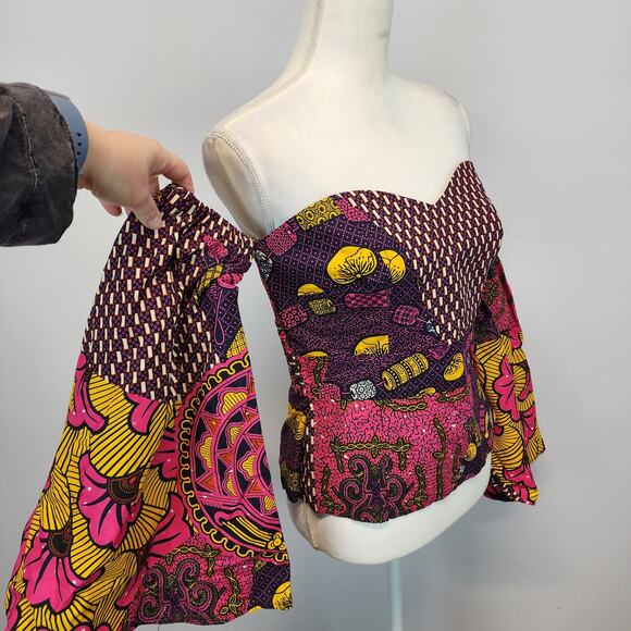 Womens African Ankara Top Size S Flare Sleeve Multicolor Handmade Psychedelic - Picture 5 of 13